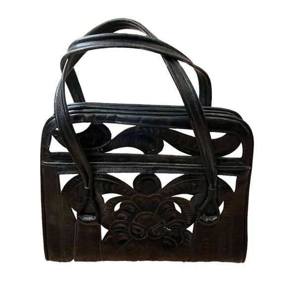 Handmade Hand-tooled Black And White Boho Leather Purse Satchel Floral - Picture 3 of 11